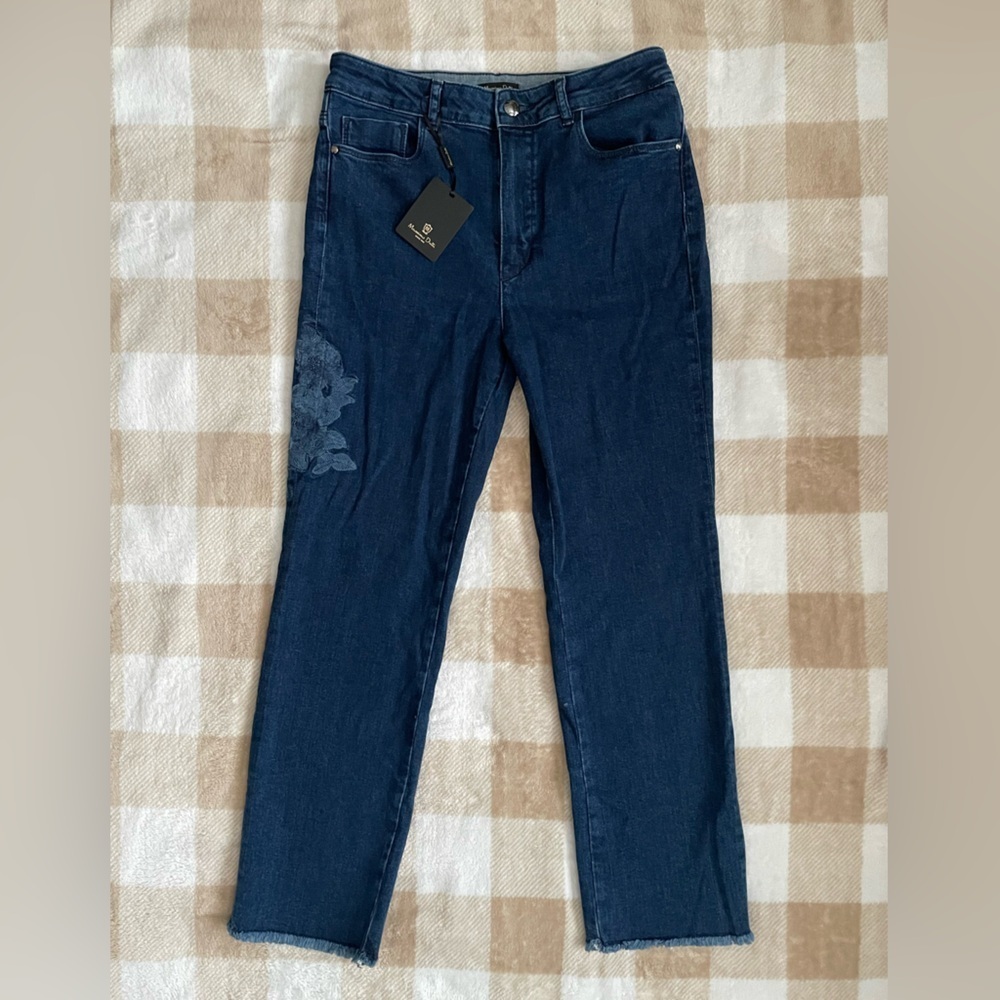 Massimo Dutti Dark High Rise Blue size 4 Floral Embroidered Jeans NWT